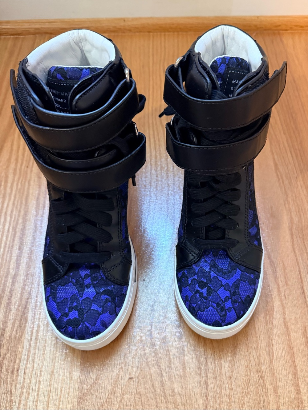 RARE Marc by Marc Jacobs Vintage Black & Blue Lace High-Top Sneakers with Straps - Picture 2 of 9